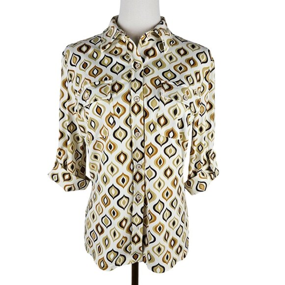 J. McLaughlin Button Shirt Small Knit Geometric 3/4 Sleeve Brown Catalina Knit - Picture 1 of 12